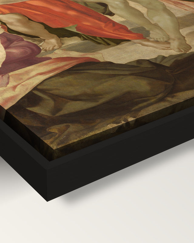 The Entombment framed canvas, corner close-up: the canvas in a slim black floating frame, its painted edge in the shadow gap