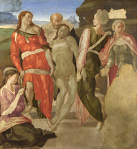 The Entombment by Michelangelo: figures in red, green and pink carry Christ’s body up steps, the lower right left unpainted