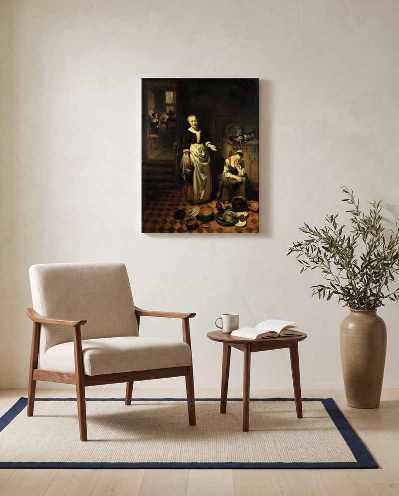 The Idle Servant by Nicolaes Maes as a stretched canvas above a linen lounge chair in a reading corner