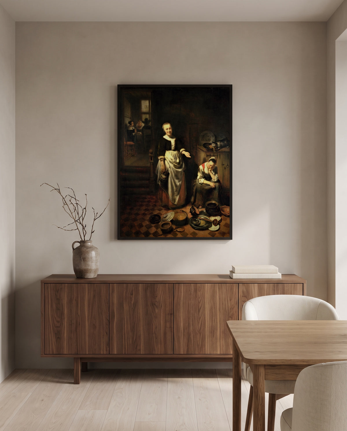 The Idle Servant by Nicolaes Maes in a black frame above a walnut sideboard in a dining room