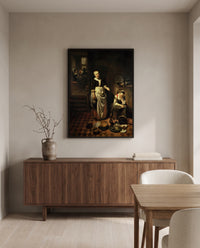 The Idle Servant by Nicolaes Maes in a black frame above a walnut sideboard in a dining room