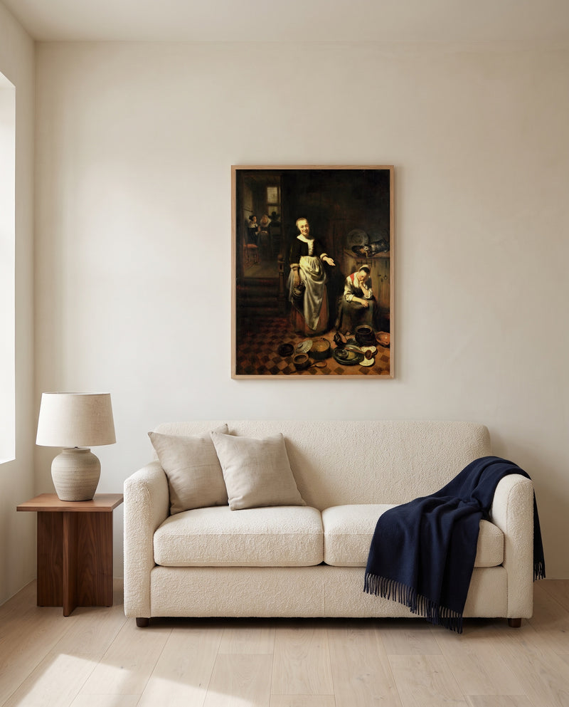 The Idle Servant by Nicolaes Maes framed in natural oak above a cream sofa in a warm living room