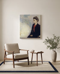 Baroness de Domecy by Odilon Redon as a stretched canvas above a linen lounge chair in a reading corner