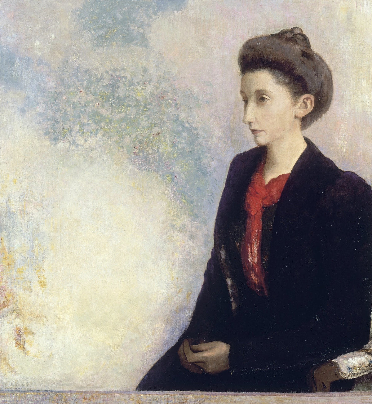 Baroness Robert de Domecy by Odilon Redon: a seated woman in black with a red scarf, against a pale cloud of colour