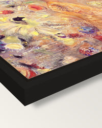 Buddha by Odilon Redon framed canvas, corner close-up: a black floating frame with a shadow gap round the canvas