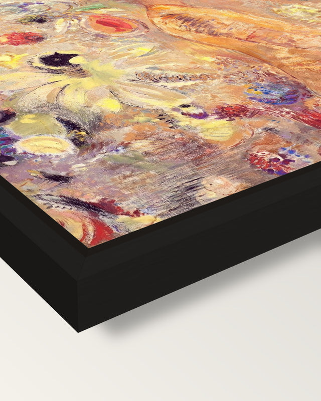 Buddha by Odilon Redon framed canvas, corner close-up: a black floating frame with a shadow gap round the canvas