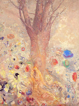 Buddha by Odilon Redon: a seated Buddha under a pale tree among soft, fantastic flowers in gold, red and blue
