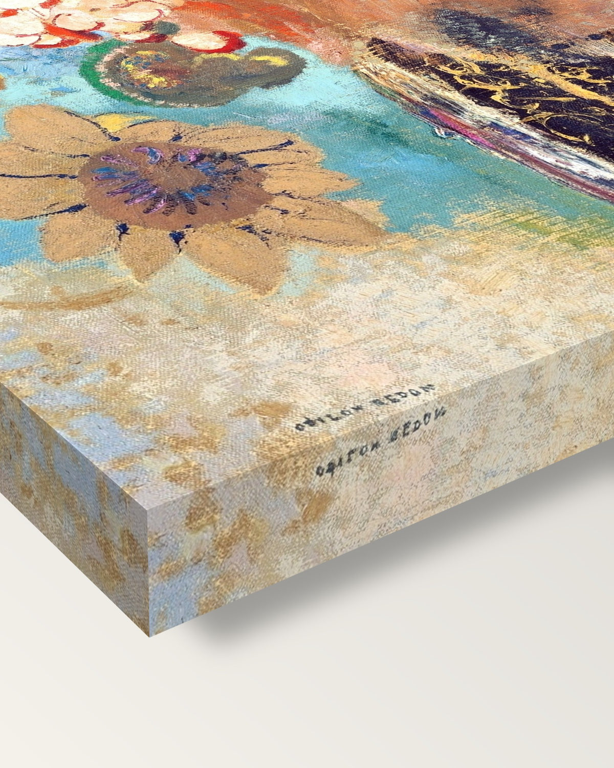 Evocation of Roussel by Odilon Redon on stretched canvas, corner close-up: the painting mirror-wrapped round the sides