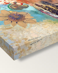 Evocation of Roussel by Odilon Redon on stretched canvas, corner close-up: the painting mirror-wrapped round the sides