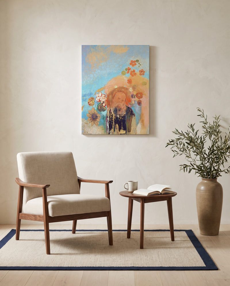 Evocation of Roussel by Odilon Redon as a stretched canvas above a linen lounge chair in a reading corner