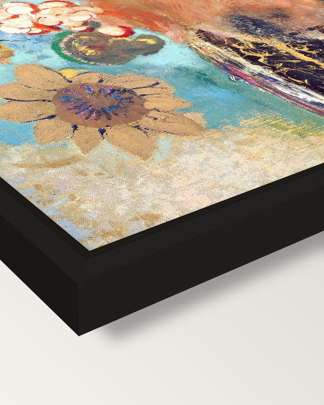 Evocation of Roussel by Redon framed canvas, corner close-up: a black floating frame with a shadow gap round the canvas