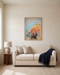 Evocation of Roussel by Odilon Redon framed in natural oak above a cream sofa in a warm living room
