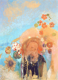 Evocation of Roussel by Odilon Redon: a dim bearded head in profile among bright orange, white and blue flowers on blue