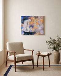 Flower Clouds by Odilon Redon as a stretched canvas above a linen lounge chair in a reading corner
