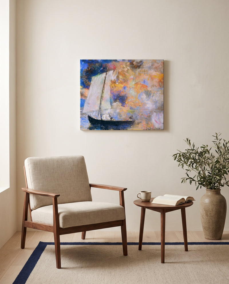 Flower Clouds by Odilon Redon as a stretched canvas above a linen lounge chair in a reading corner