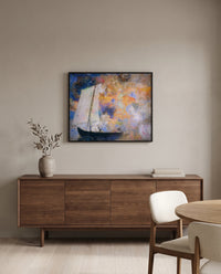 Flower Clouds by Odilon Redon in a black frame above a walnut sideboard in a dining room