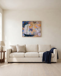Flower Clouds by Odilon Redon framed in natural oak above a cream sofa in a warm living room