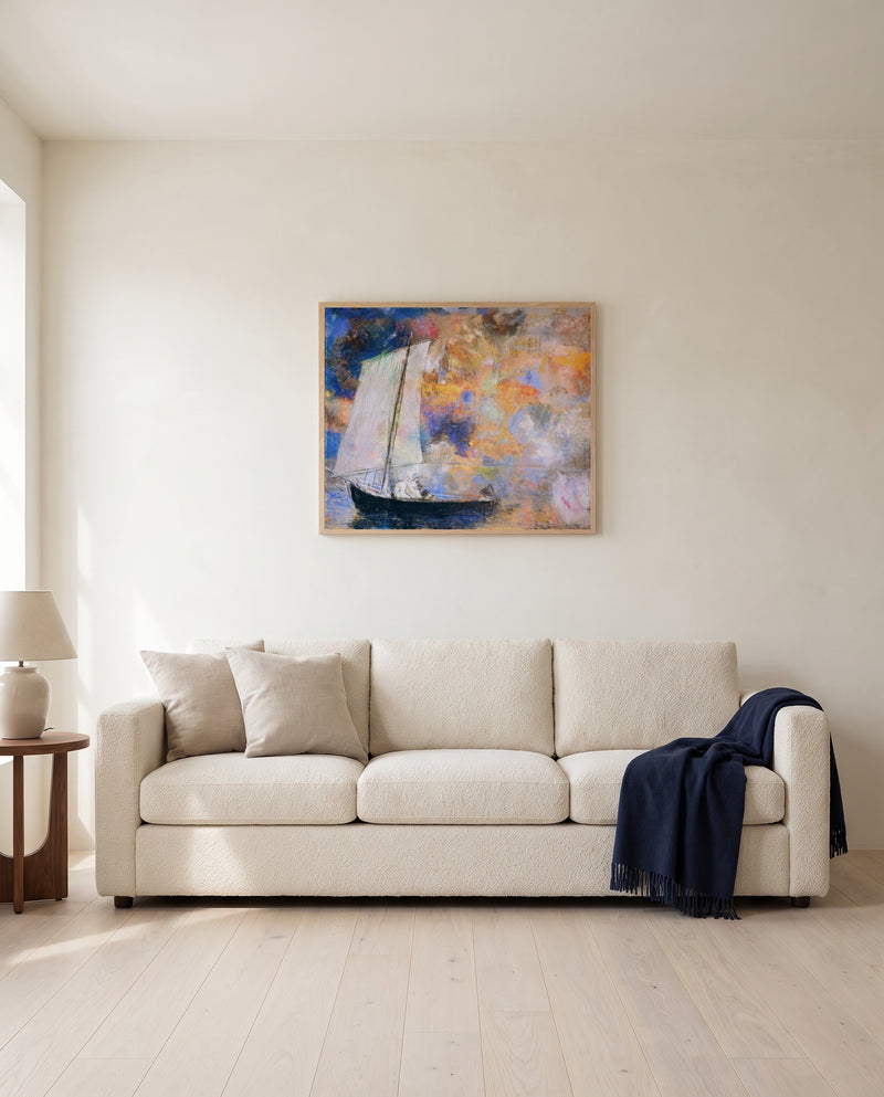 Flower Clouds by Odilon Redon framed in natural oak above a cream sofa in a warm living room