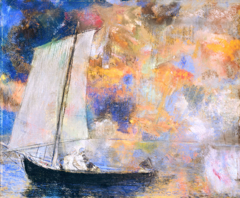 Flower Clouds by Odilon Redon: a white sail on a dark boat in a sea and sky of blue, orange and pink pastel