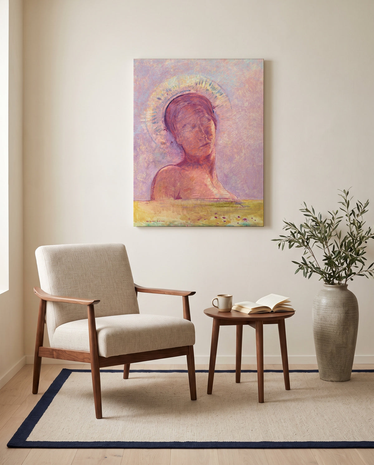 In Heaven by Odilon Redon as a stretched canvas above a linen lounge chair in a reading corner