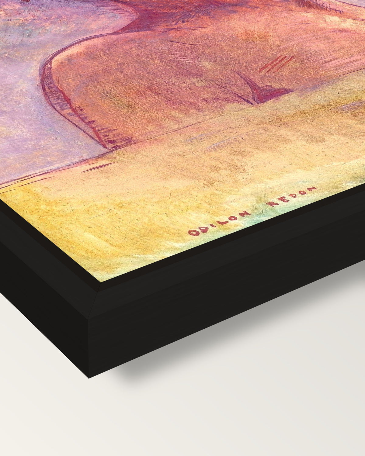 In Heaven by Odilon Redon framed canvas, corner close-up: a black floating frame with a shadow gap round the canvas
