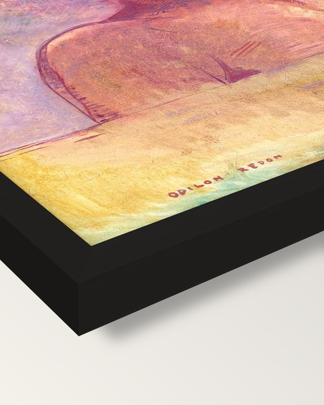 In Heaven by Odilon Redon framed print, corner close-up: black moulding, mitred, the print set just below its edge