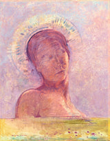 In Heaven, or Closed Eyes by Odilon Redon: a haloed face with closed eyes and bare shoulders on a pink and lilac ground