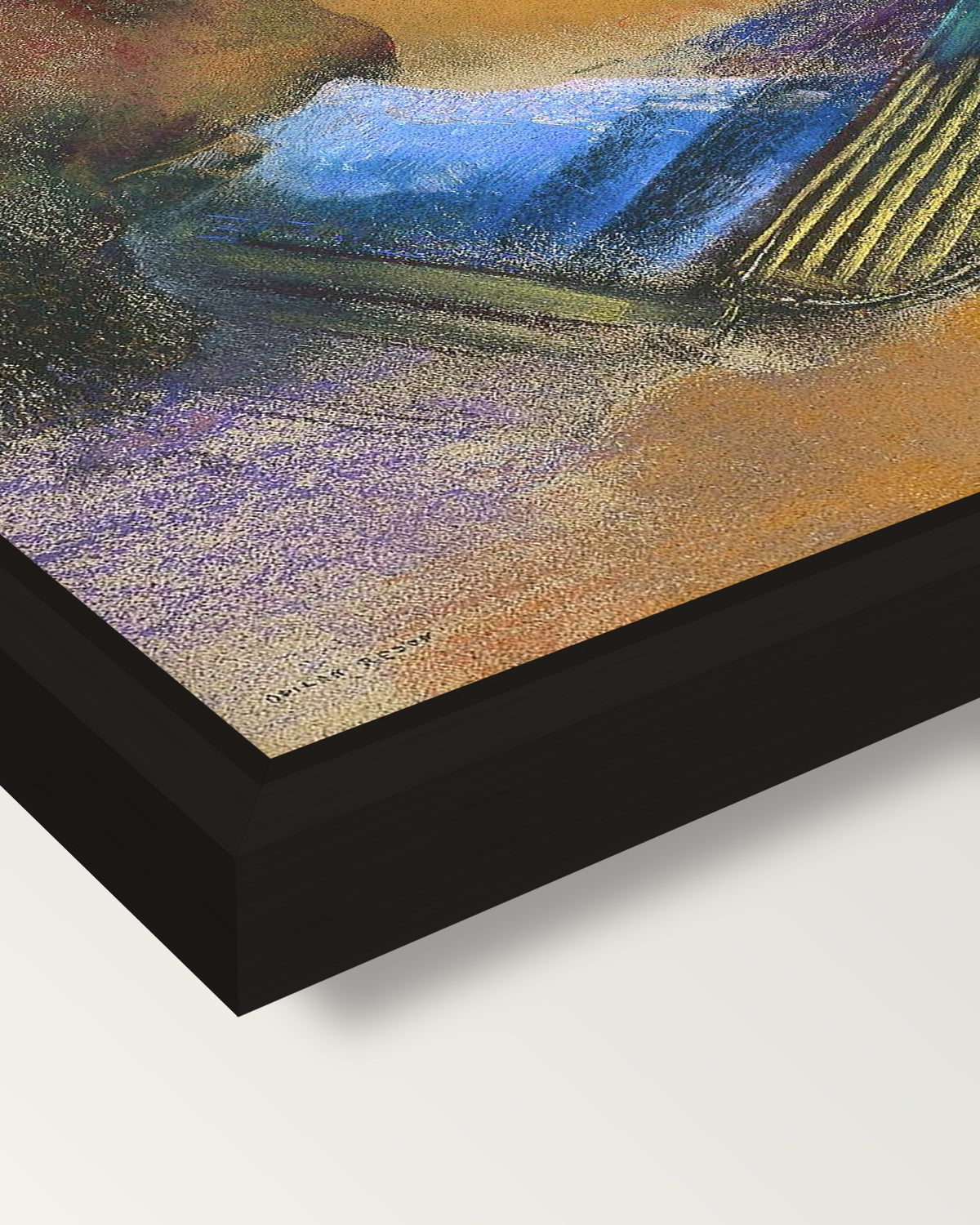 Orpheus by Odilon Redon framed canvas, corner close-up: a black floating frame with a shadow gap round the canvas
