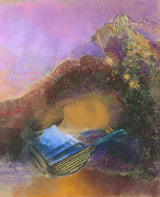 Orpheus by Odilon Redon: a golden head with closed eyes and a blue lyre floating against violet mountains