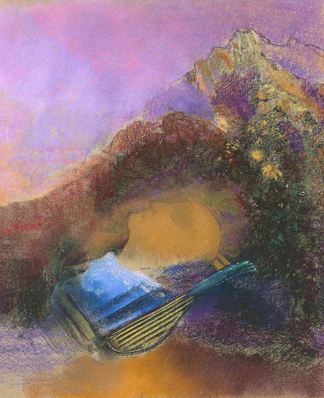 Orpheus by Odilon Redon: a golden head with closed eyes and a blue lyre floating against violet mountains