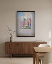 Piety beside a Red Tree by Odilon Redon in a black frame above a walnut sideboard in a dining room