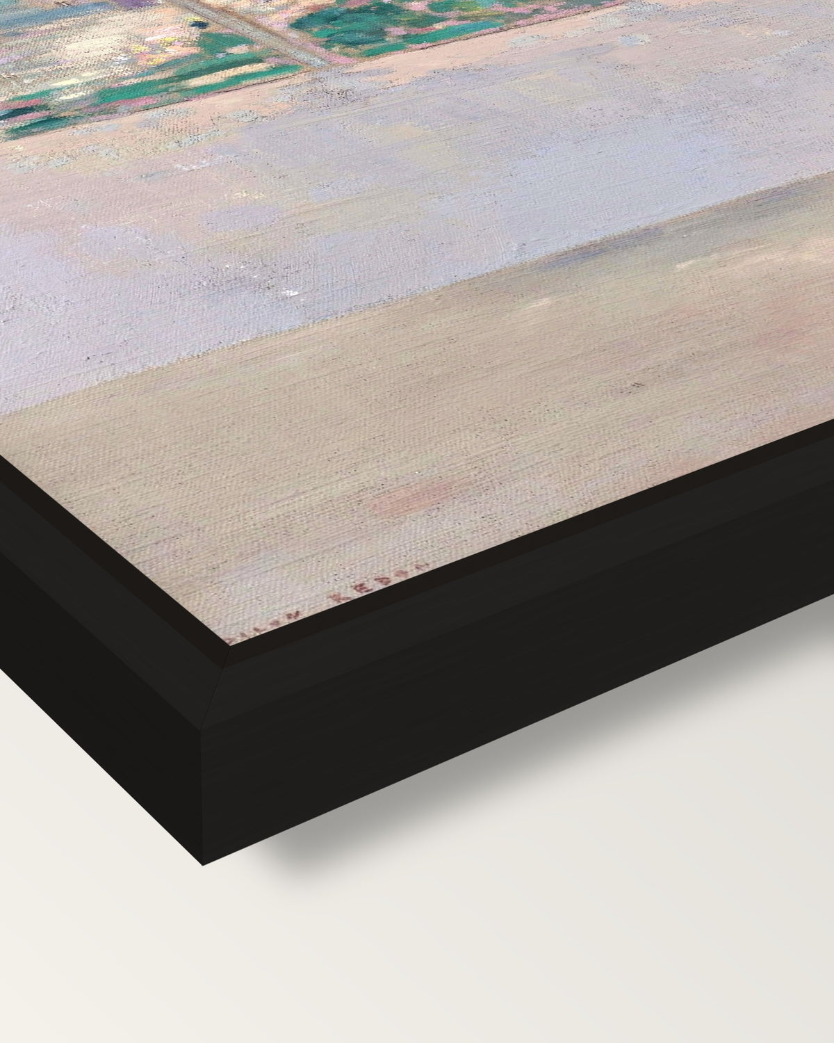 Piety beside a Red Tree by Redon framed canvas, corner close-up: a black floating frame with a shadow gap round the canvas