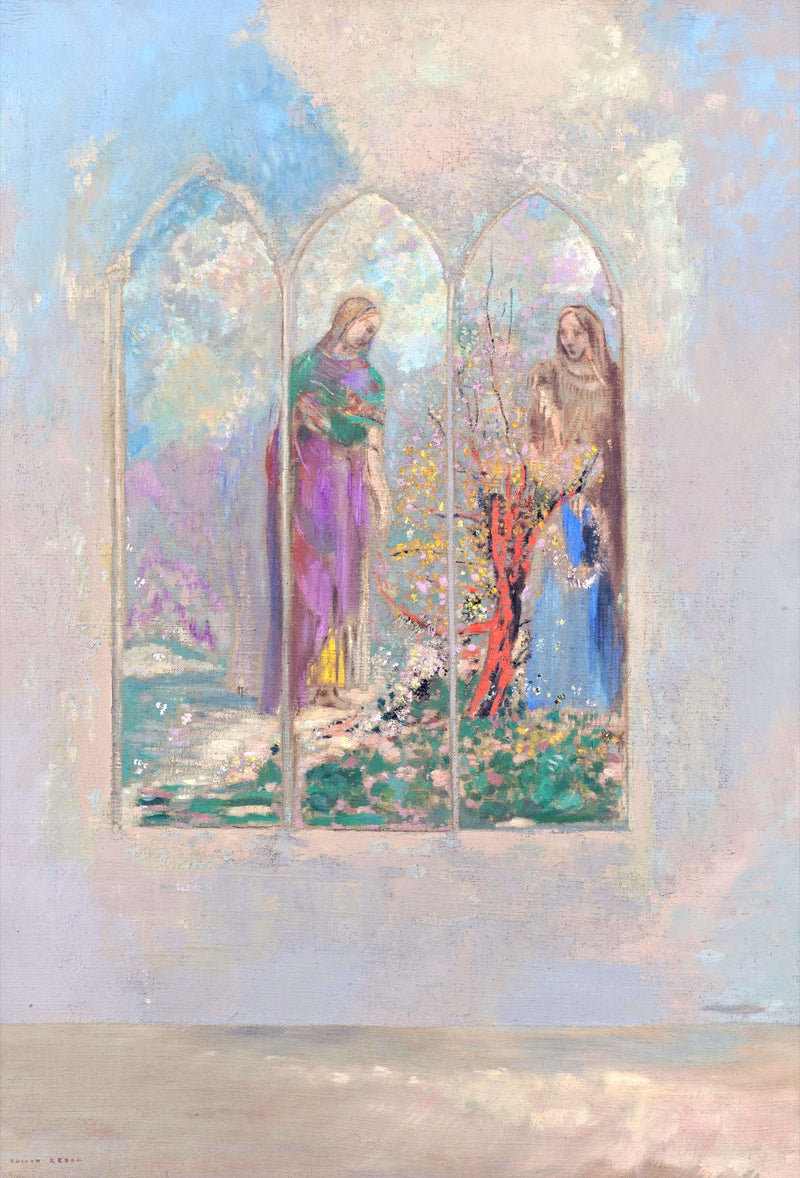 Piety beside a Red Tree by Odilon Redon: a Gothic stained-glass window with two robed figures, floating in a cloudy sky