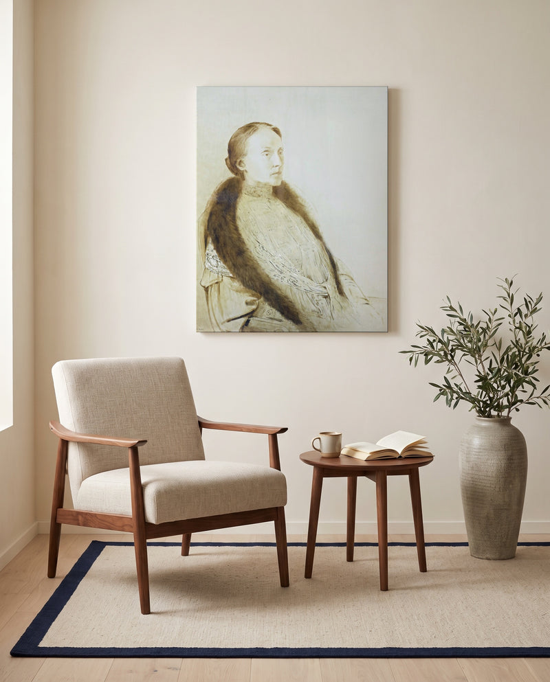 Portrait of Madame Bonger by Odilon Redon as a stretched canvas above a linen lounge chair in a reading corner