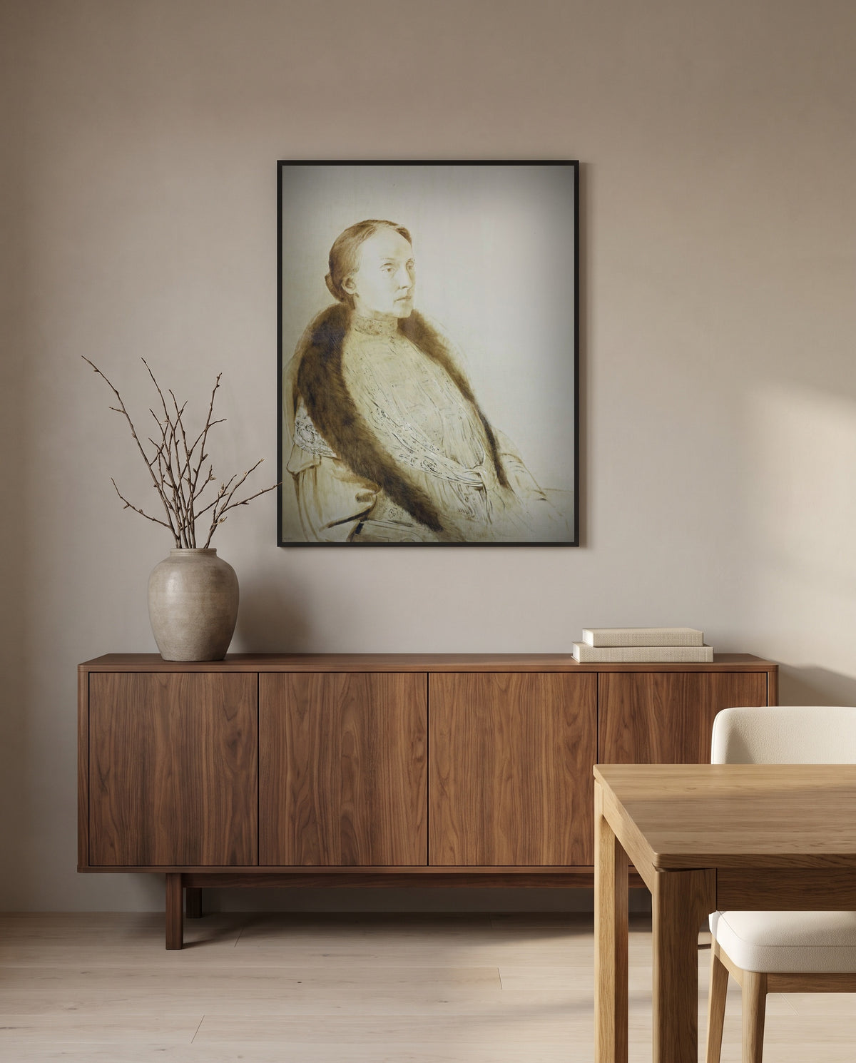 Portrait of Madame Bonger by Odilon Redon in a black frame above a walnut sideboard in a dining room