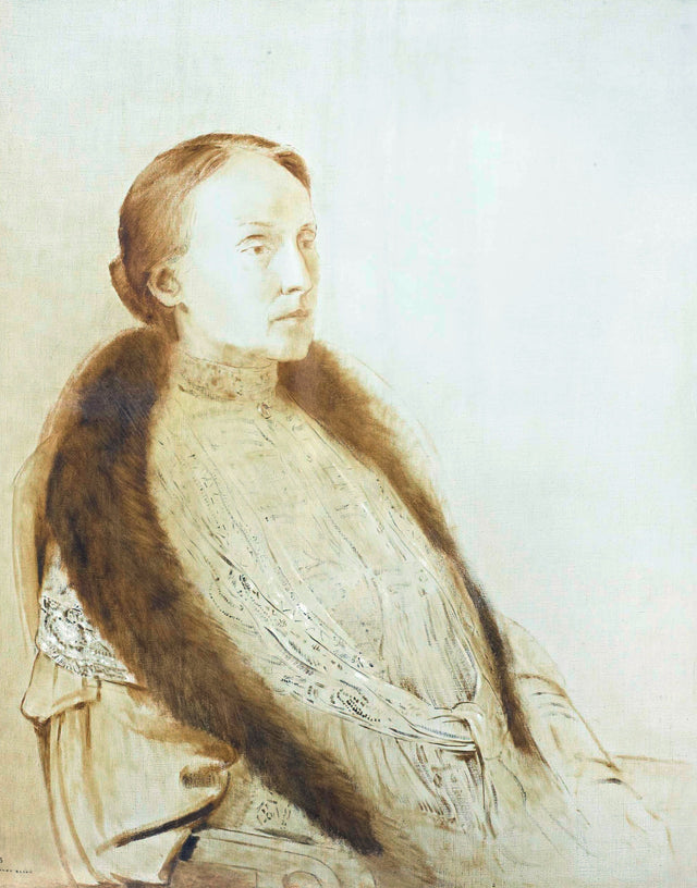 Portrait of Madame Bonger by Odilon Redon: a pale seated woman in a fur stole, painted in soft gold and cream