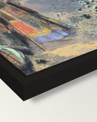 The Buddha by Odilon Redon framed canvas, corner close-up: a black floating frame with a shadow gap round the canvas