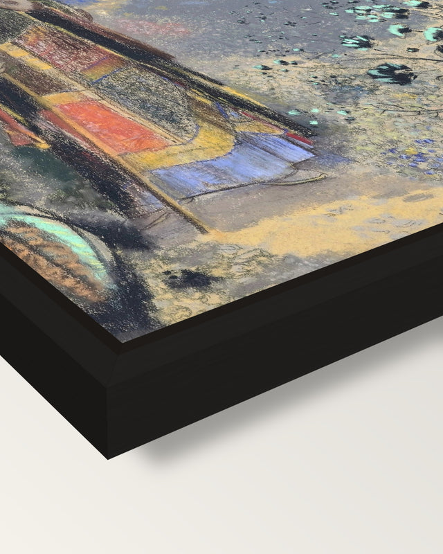 The Buddha by Odilon Redon framed canvas, corner close-up: a black floating frame with a shadow gap round the canvas