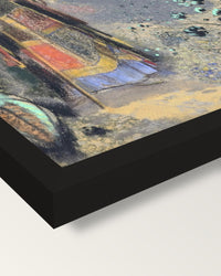 The Buddha by Odilon Redon framed print, corner close-up: black moulding, mitred, the print set just below its edge