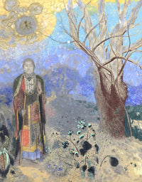The Buddha by Odilon Redon: a robed figure beside a pale bare tree under a bright blue sky, in pastel colours