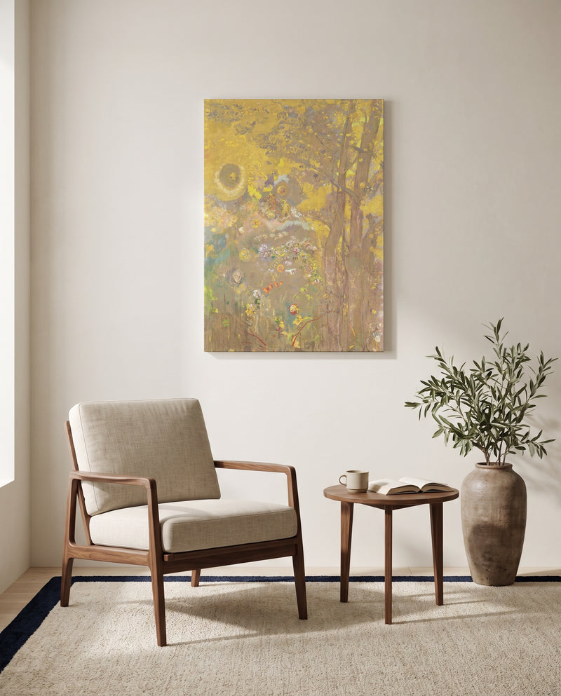 Trees on Yellow by Odilon Redon as a stretched canvas above a linen lounge chair in a reading corner