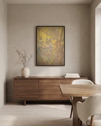 Trees on Yellow by Odilon Redon in a black frame above a walnut sideboard in a dining room