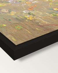Trees on Yellow by Odilon Redon framed canvas, corner close-up: a black floating frame with a shadow gap round the canvas