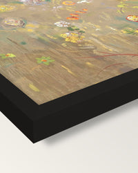 Trees on Yellow by Odilon Redon framed print, corner close-up: black moulding, mitred, the print set just below its edge