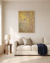 Trees on Yellow by Odilon Redon framed in natural oak above a cream sofa in a warm living room