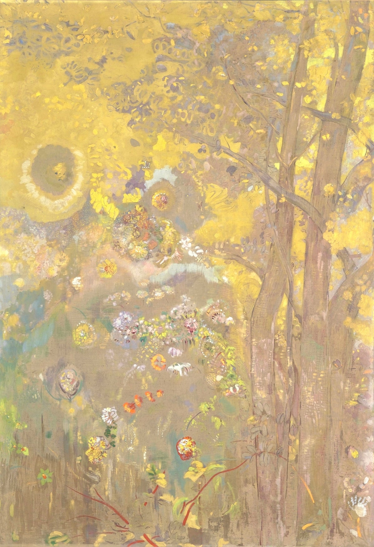 Trees on a Yellow Background by Odilon Redon: slender brown trunks and small flowers on a glowing yellow ground