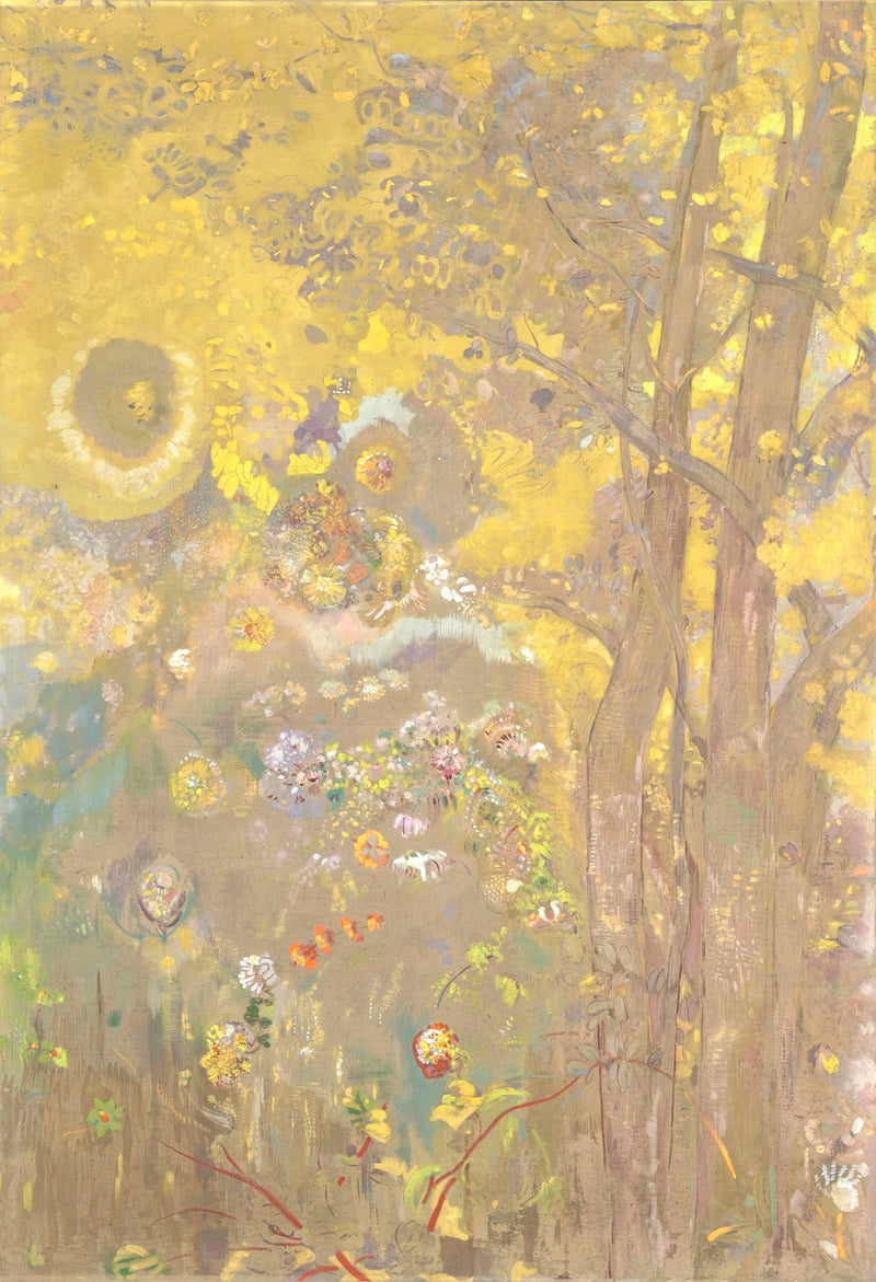 Trees on a Yellow Background by Odilon Redon: slender brown trunks and small flowers on a glowing yellow ground
