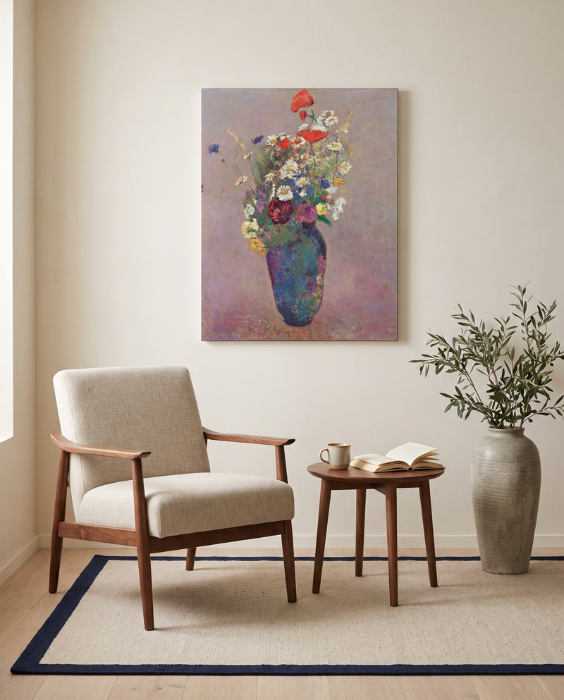 Vision. Vase of Flowers by Odilon Redon as a stretched canvas above a linen lounge chair in a reading corner