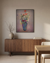 Vision. Vase of Flowers by Odilon Redon in a black frame above a walnut sideboard in a dining room
