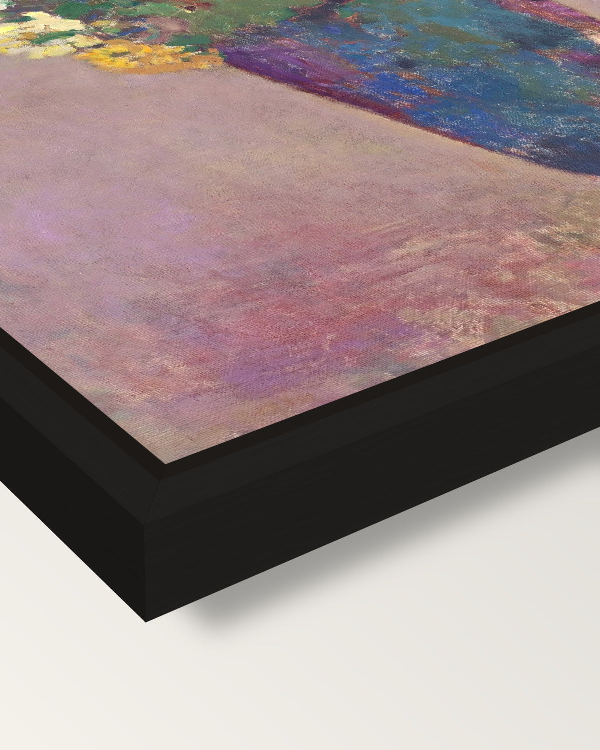 Vision. Vase of Flowers by Redon framed canvas, corner close-up: a black floating frame with a shadow gap round the canvas